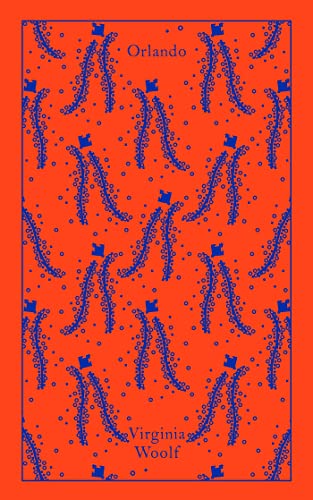 Orange book cover with blue fern-like pattern, titled "Orlando" by Virginia Woolf.