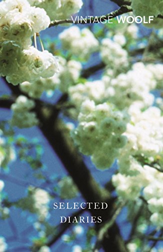 Book cover for Selected Diaries by Virginia Woolf featuring white blossoms against a blue sky.