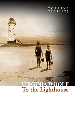 Book cover: "To the Lighthouse" by Virginia Woolf, with lighthouse and children.