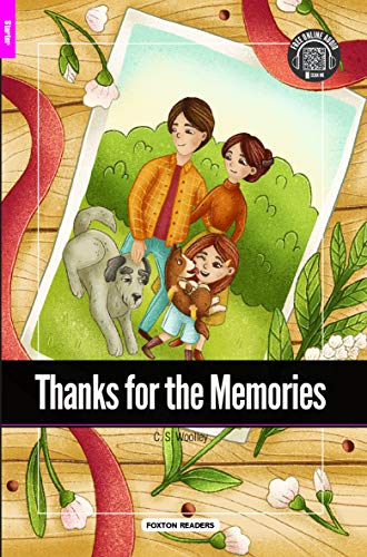 Book cover: family with dog in a painted landscape, title "Thanks for the Memories".
