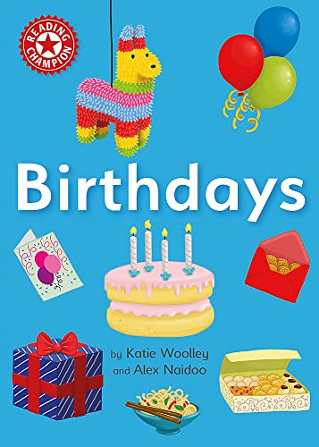 Book cover for “Birthdays” with cake, gifts, and a piñata.
