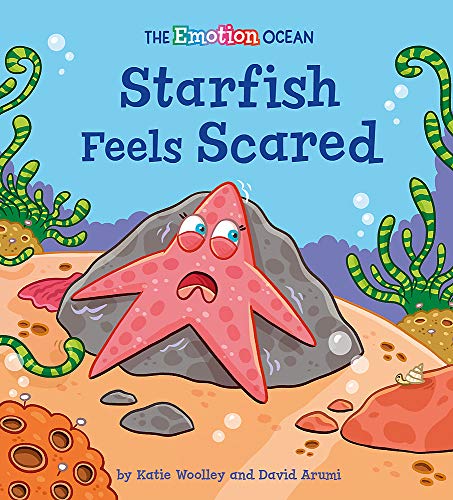 Red starfish with a worried expression hides behind a gray rock.