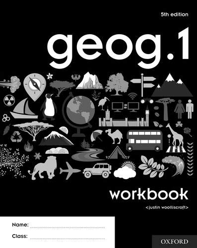 Geography workbook cover with diverse icons, text “geog.1” and “workbook”.