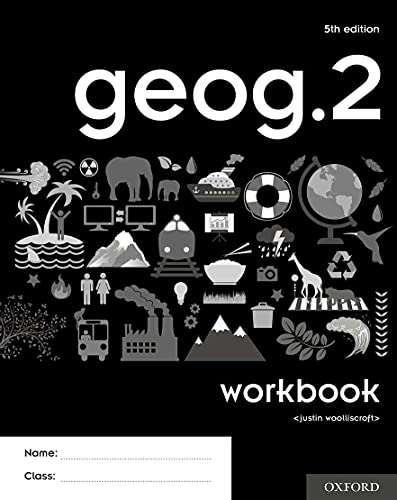 Black and white geography workbook cover with icons and text.