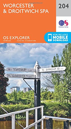 Ordnance Survey Explorer map 204 for Worcester and Droitwich Spa with a canal signpost.