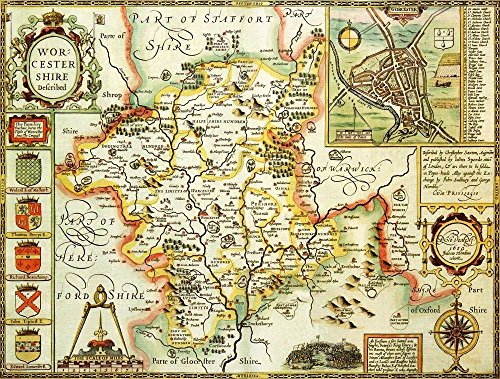 1610 map of Worcestershire, England, detailed with heraldry and coastline.