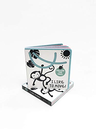 Black and white board book with a monkey and sun illustration.