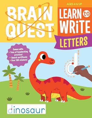 Brain Quest Learn to Write Letters workbook cover featuring a dinosaur and handwriting practice.