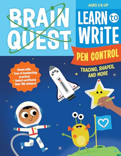 Brain Quest workbook cover with astronaut, monster, and writing exercises.