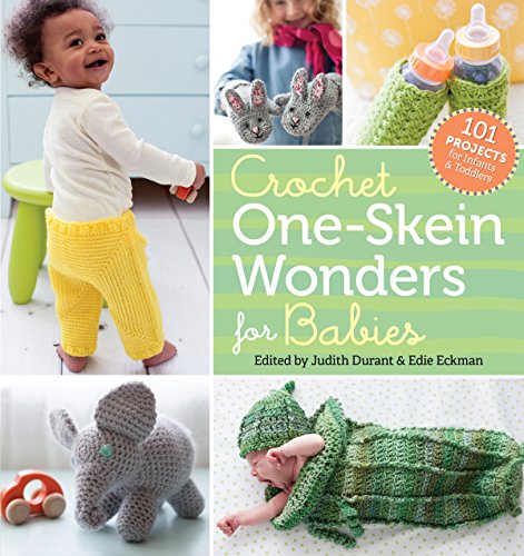 Book cover featuring crocheted baby clothes, toys, and a baby wearing crochet items.