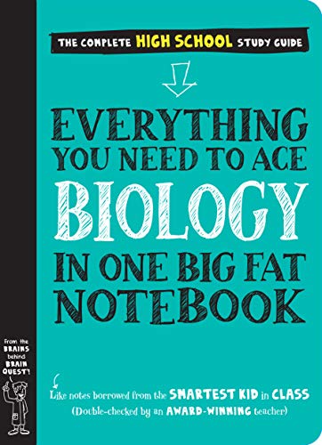 Teal notebook cover with large, stacked text: "Everything You Need to Ace Biology".
