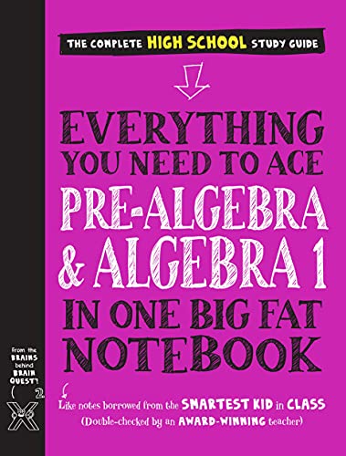 Pink cover of a study guide for pre-algebra and Algebra I.