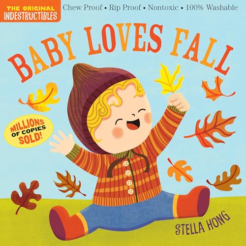 A smiling baby in a winter hat and sweater sits surrounded by autumn leaves.
