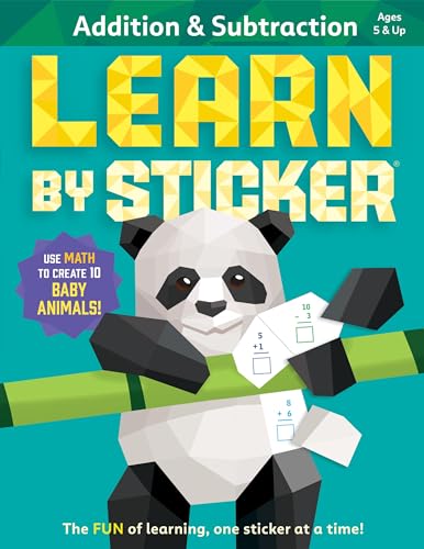 Addition & Subtraction sticker book cover with a panda and math problems.