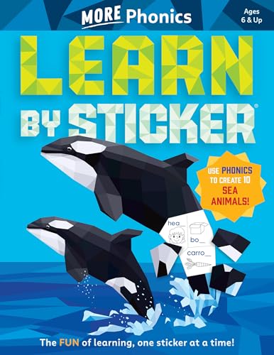 Learn by Sticker" phonics book cover with orcas and word stickers.