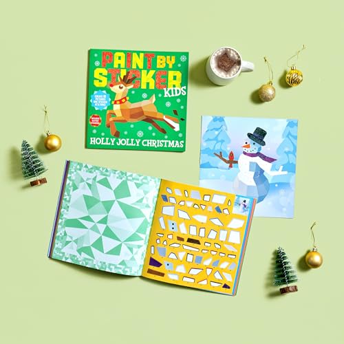 Christmas sticker book open to a patterned page, with festive decorations.