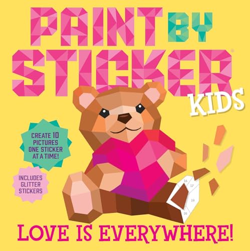 Geometric bear with colorful stickers and “Paint by Sticker Kids” title.