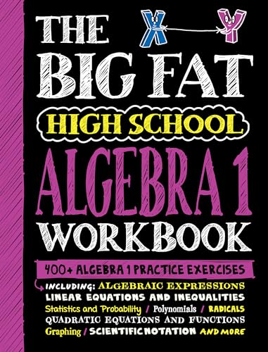 The Big Fat High School Algebra 1 Workbook cover with chalk-style text on black.
