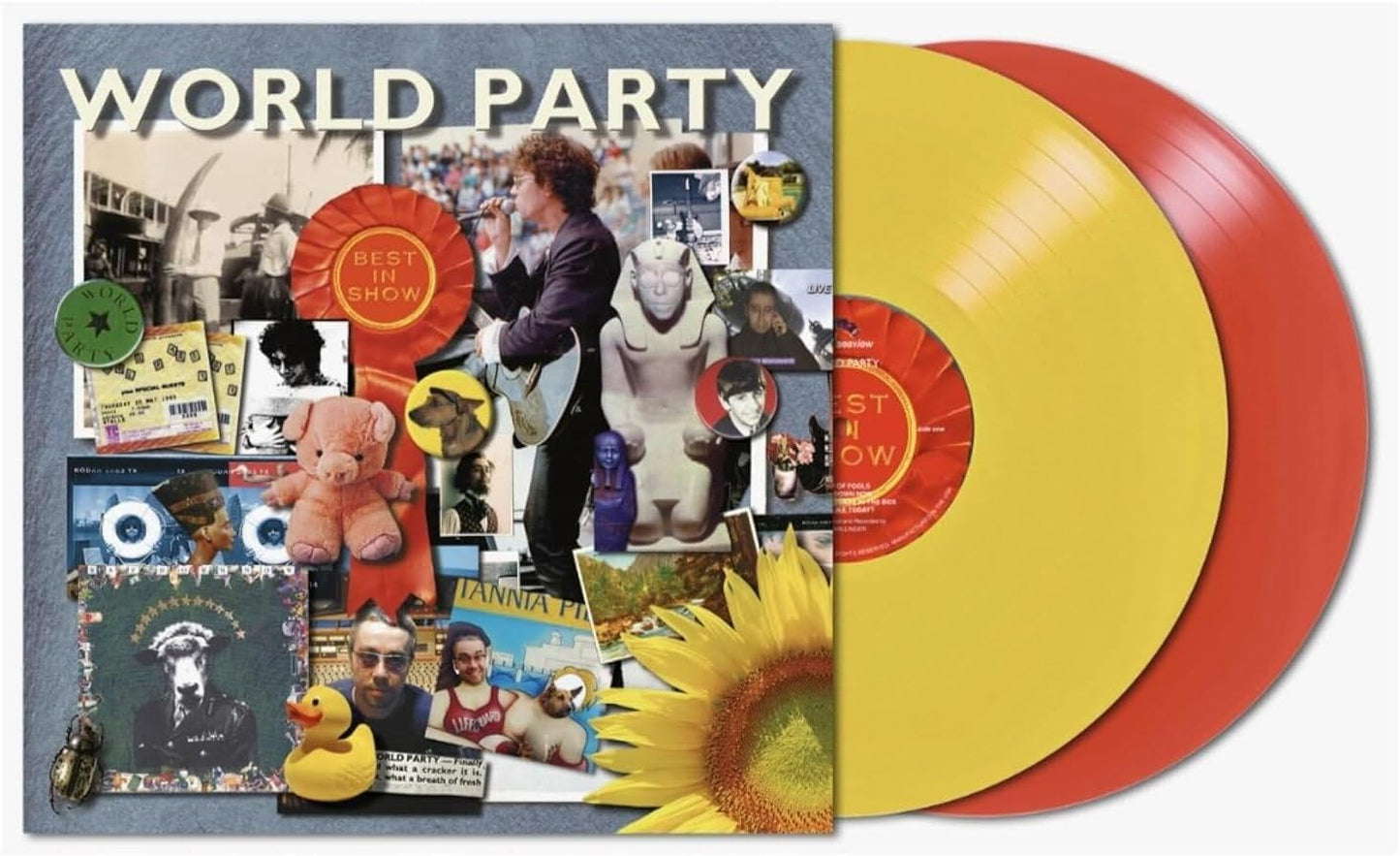 World Party Best In Show album cover with yellow and red vinyl records.