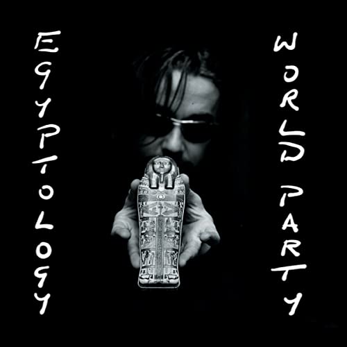 Black and white album cover featuring a person holding an Egyptian pharaoh mask.