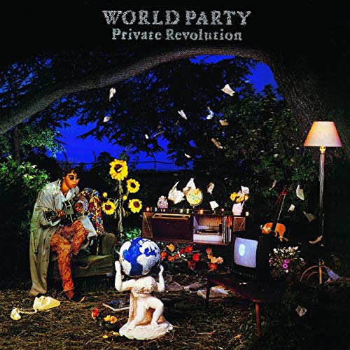 Album cover: man with guitar under trees, scattered papers, and objects.