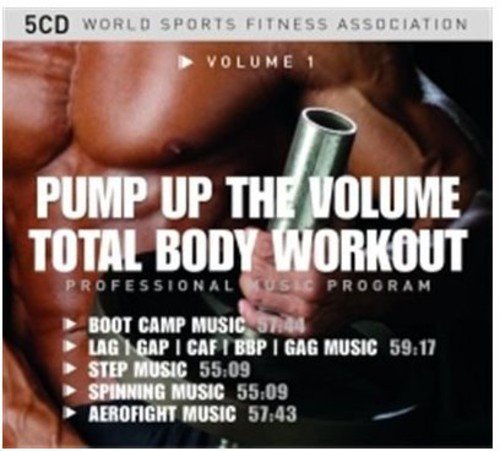 A muscular man holding a dumbbell, with workout music program details.