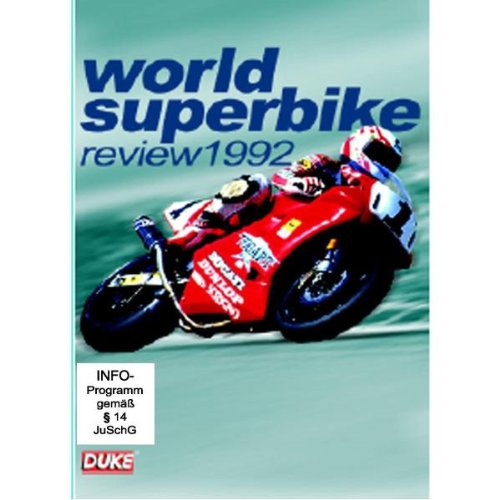 A red Ducati racing motorcycle leans into a turn on a World Superbike DVD cover.
