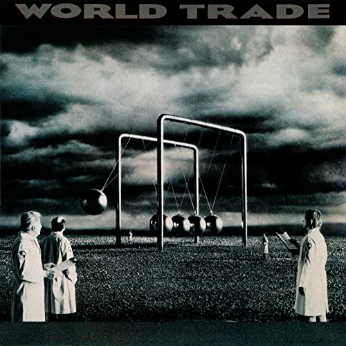 CD cover: surreal landscape with pendulums and figures in white coats.