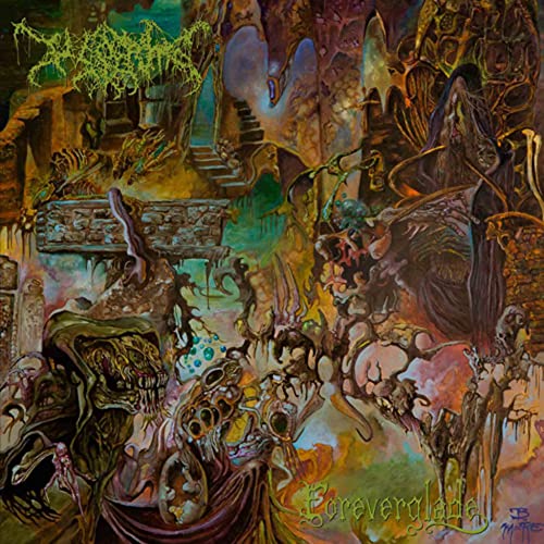Dark fantasy album cover with decaying architecture and monstrous figures.