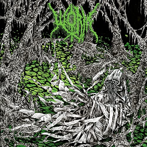 Black and green album cover depicting a figure in a swampy forest.
