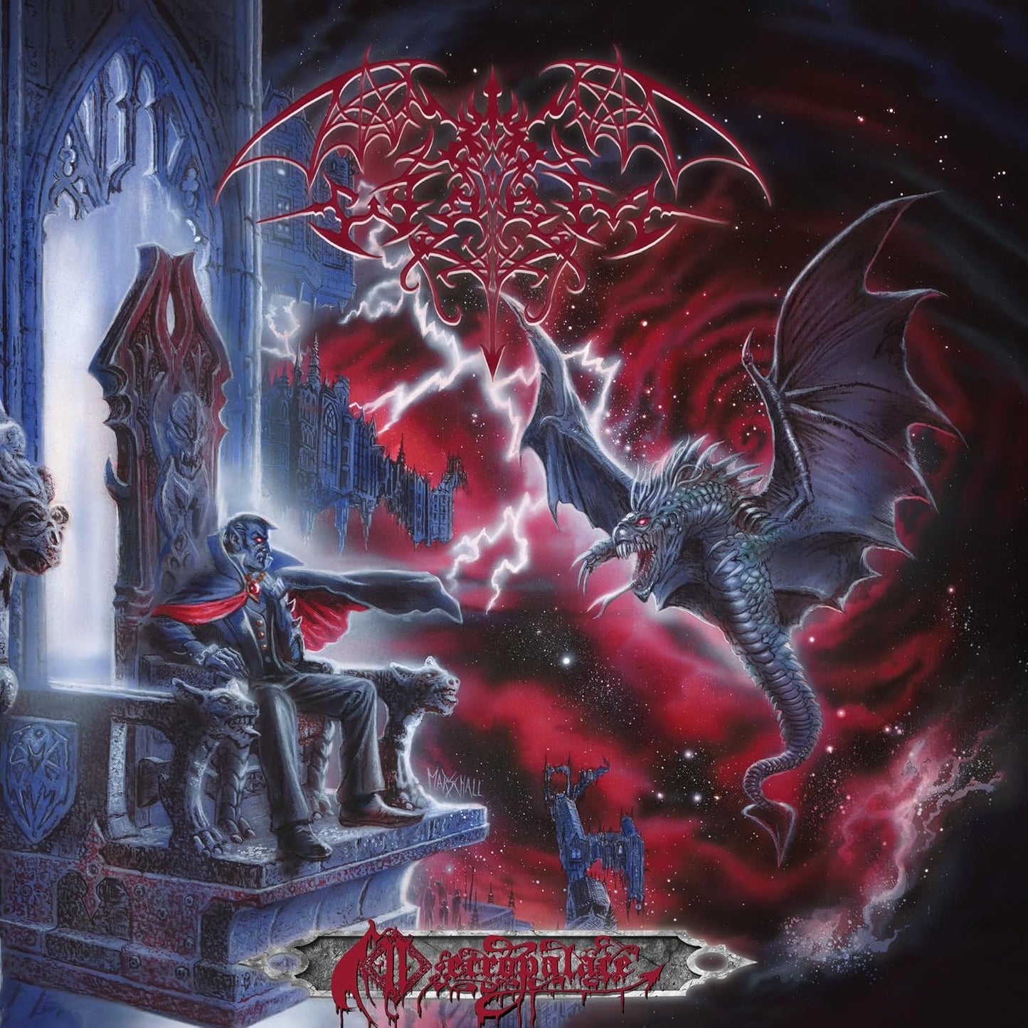 Vampire on a throne faces a winged dragon against a dark, cosmic, red-lit background.