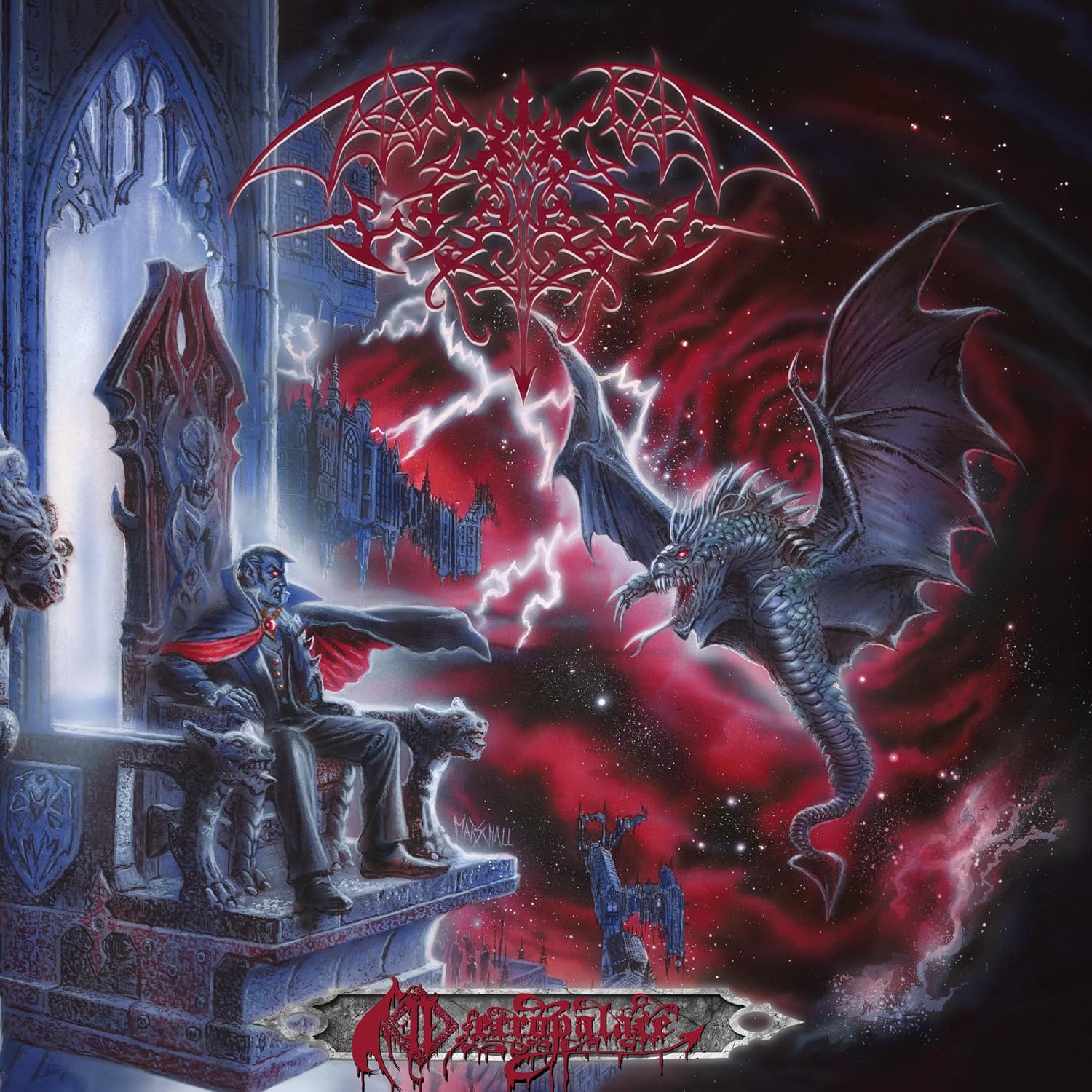 Vampire on a throne faces a winged dragon against a dark, cosmic, red-lit background.