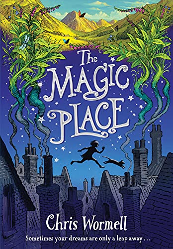 Book cover: “The Magic Place” with a child and dog running towards mountains.
