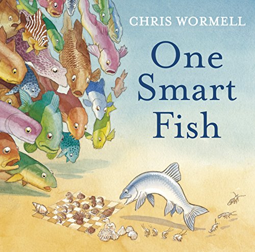 Book cover: colorful illustrated fish, one playing chess on a beach.
