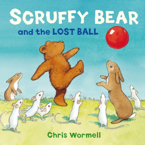 Brown bear and small animals looking at a red ball on grass.