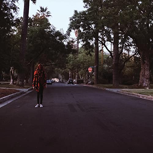Person wrapped in a red blanket stands on a street lined with trees.