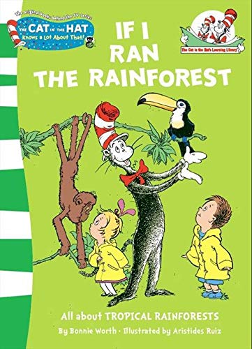 Cat in the Hat book cover featuring a rainforest scene with animals.