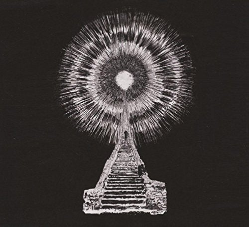 Black and white illustration of a figure ascending a staircase to light.