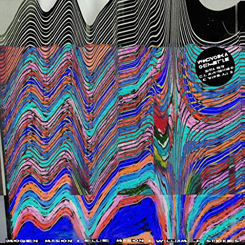 "Vinyl record cover with colorful, wavy pattern and black sticker with white text."