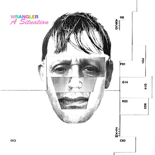 "Black and white image of a man's face divided into sections on a white background."