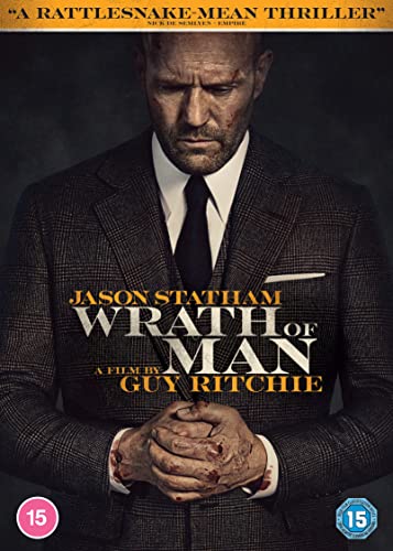 DVD cover for "Wrath of Man" featuring Jason Statham in a suit.