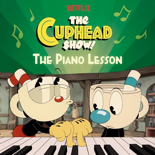 Cuphead and Mugman at a piano, book cover for "The Piano Lesson.