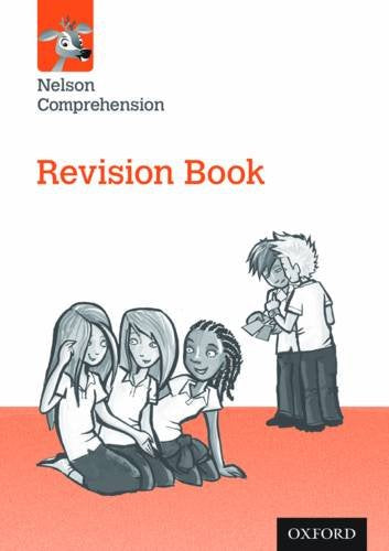 "Book cover with cartoon children and orange background, titled 'Nelson Comprehension Revision Book'."
