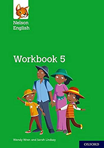 Green workbook cover with cartoon family and "Workbook 5" text.