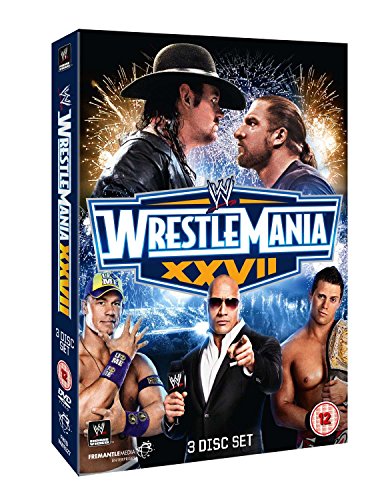 WrestleMania 27 DVD cover featuring The Undertaker, Triple H, John Cena, The Rock, and Miz.