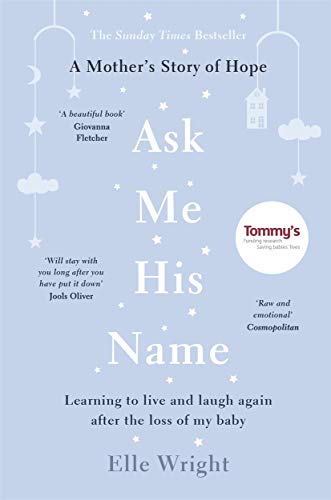 Book cover with pale blue background, title "Ask Me His Name" and baby-themed illustrations.