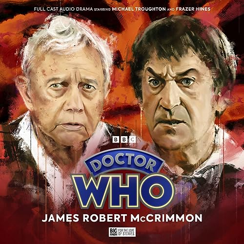 Painted portraits of two men with the Doctor Who logo between them.
