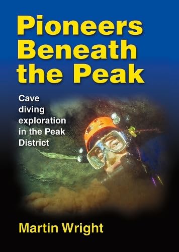 Book cover: cave diver with helmet underwater, dark blue background.