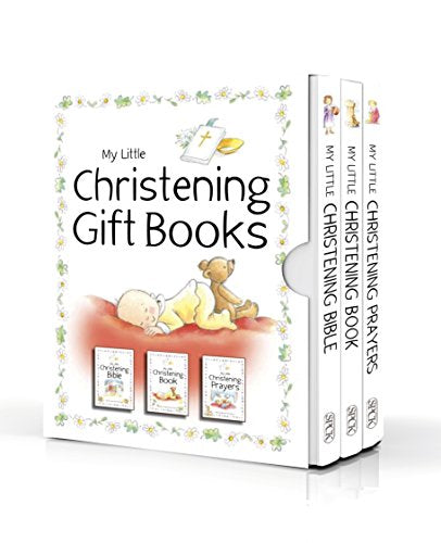 Three small christening gift books with a baby and teddy bear illustration.
