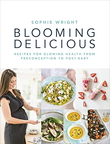 Pregnancy cookbook cover with a smiling expectant mother and colorful food photos.